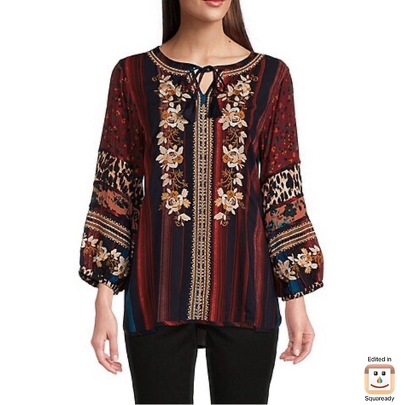 John Mark Tops - John Mark Floral Striped Embroidered Blouse